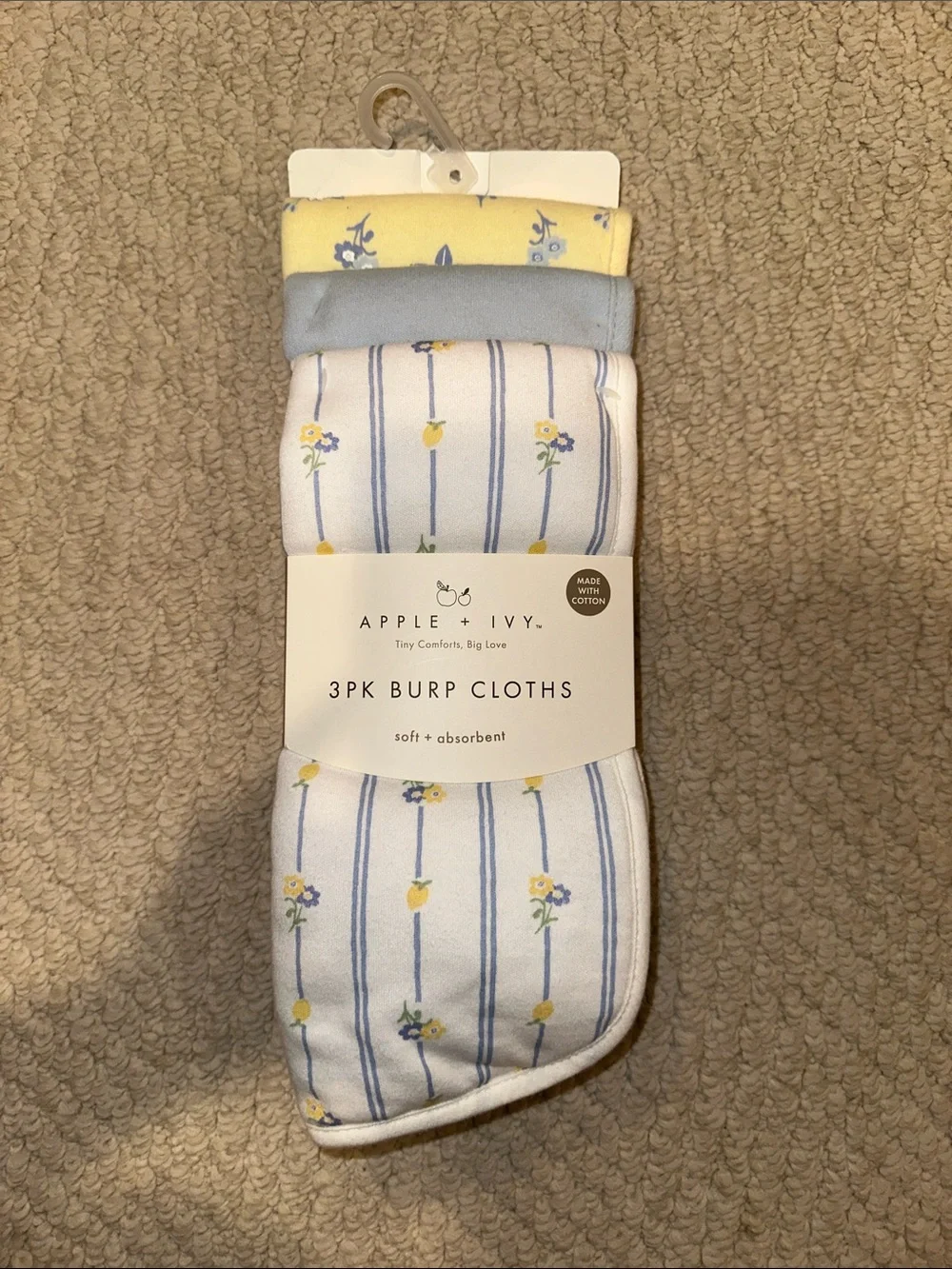 Apple + Ivy 3PK Burp Cloths, Yellow/Blue/White